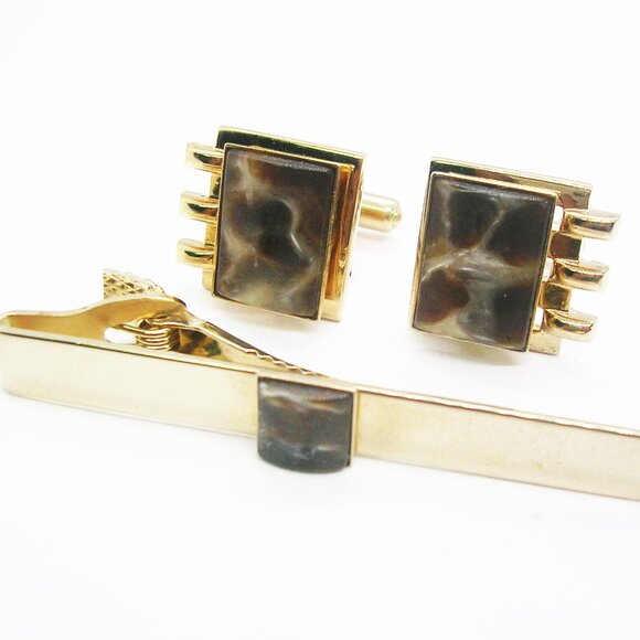 Vintage Cuff Links matching Tie Clip Bar Acrylic Marble Front gold tone - Picture 1 of 3
